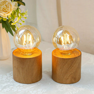 Wood grain battery-operated table lamps, set of 2, with clear glass bulbs on wooden bases