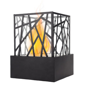 JHY DESIGN portable fire pit bowl, black base with 29cm ventless bio-ethanol flame inside a geometric lattice cage