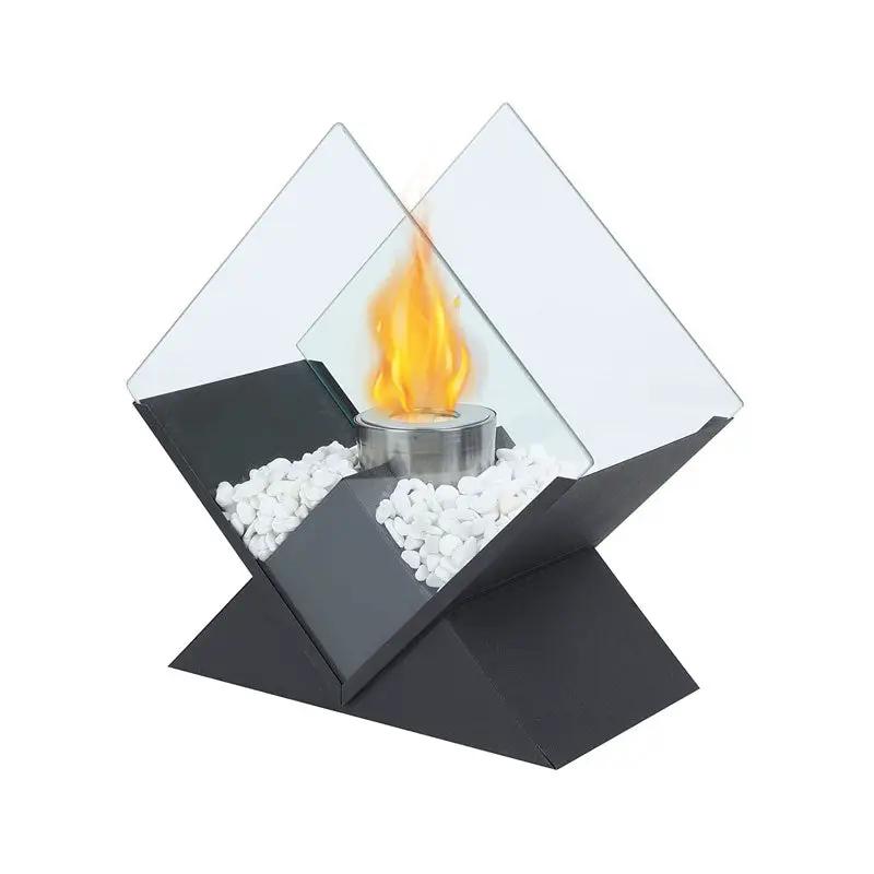 Portable Tabletop Fireplace by JHY DESIGN, 14.5 Tall, black base with glass diamond panels and ventless dancing flame