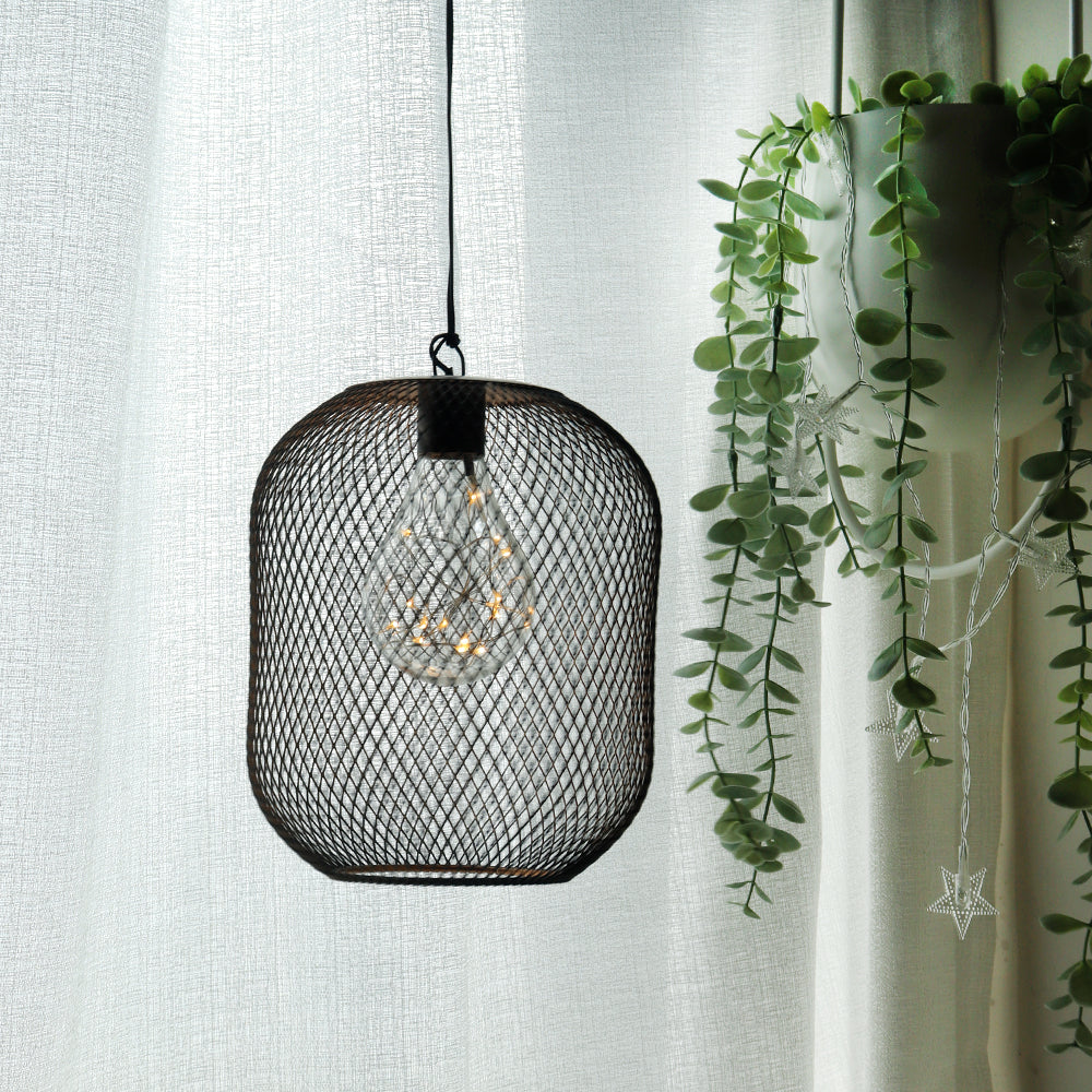 8.5-inch battery-operated hanging black mesh lantern with bulb by JHY DESIGN