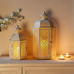 JHY DESIGN outdoor decorative candle lanterns, two-piece set, 15in and 11in tall, metal with lattice panels, warm candles