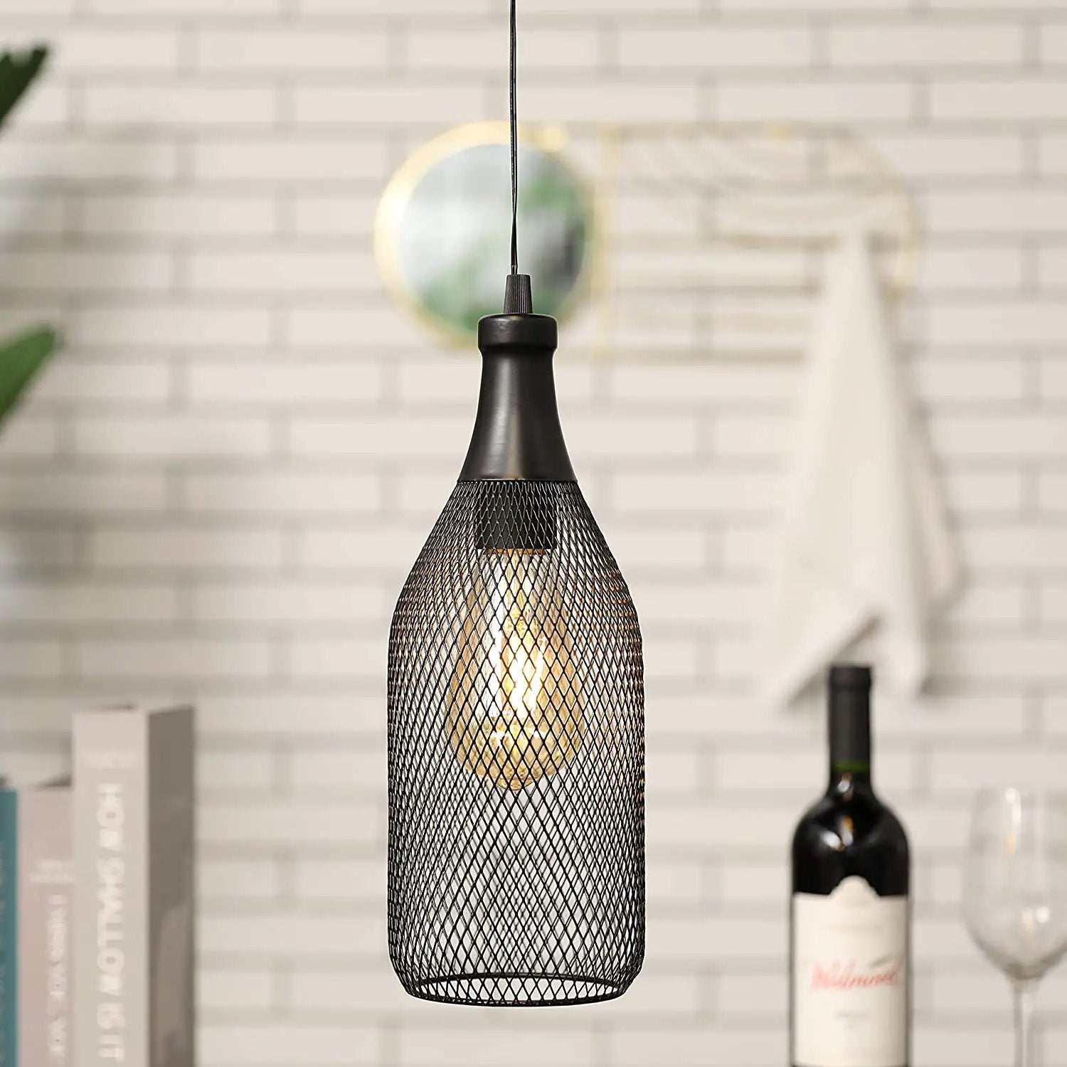 Battery Powered Hanging Lamp by JHY DESIGN, black metal mesh pendant with exposed bulb.