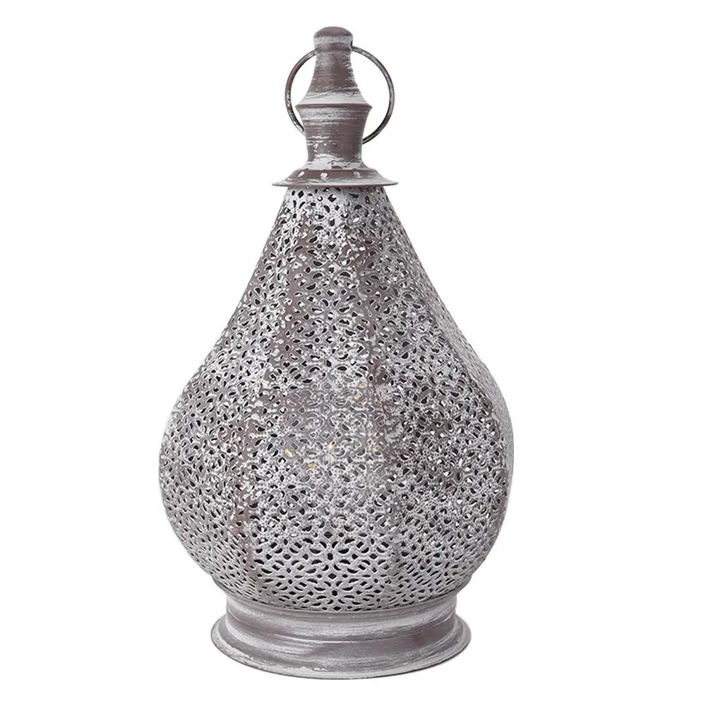 Moroccan metal table lamp, 12in tall, battery-powered cordless with LED fairy lights, silver distressed finish