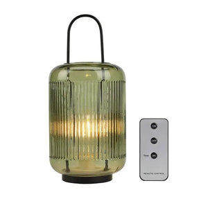JHY DESIGN 11.5in amber-green battery-powered table lamp with ribbed glass and remote control
