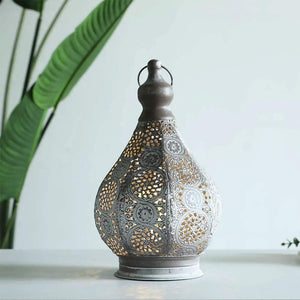 11.5in Tall Battery Powered Table Lamp by JHY DESIGN; gray perforated metal lantern with warm glow