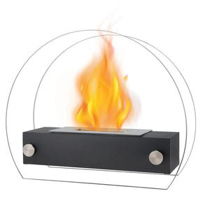 JHY Design portable tabletop fire pit, a black ventless ethanol fireplace with silver end caps and a central flame.