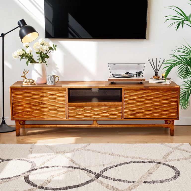 Acacia Elara Solid Wood TV Stand with Storage and Cable Management for TVs up to 80"