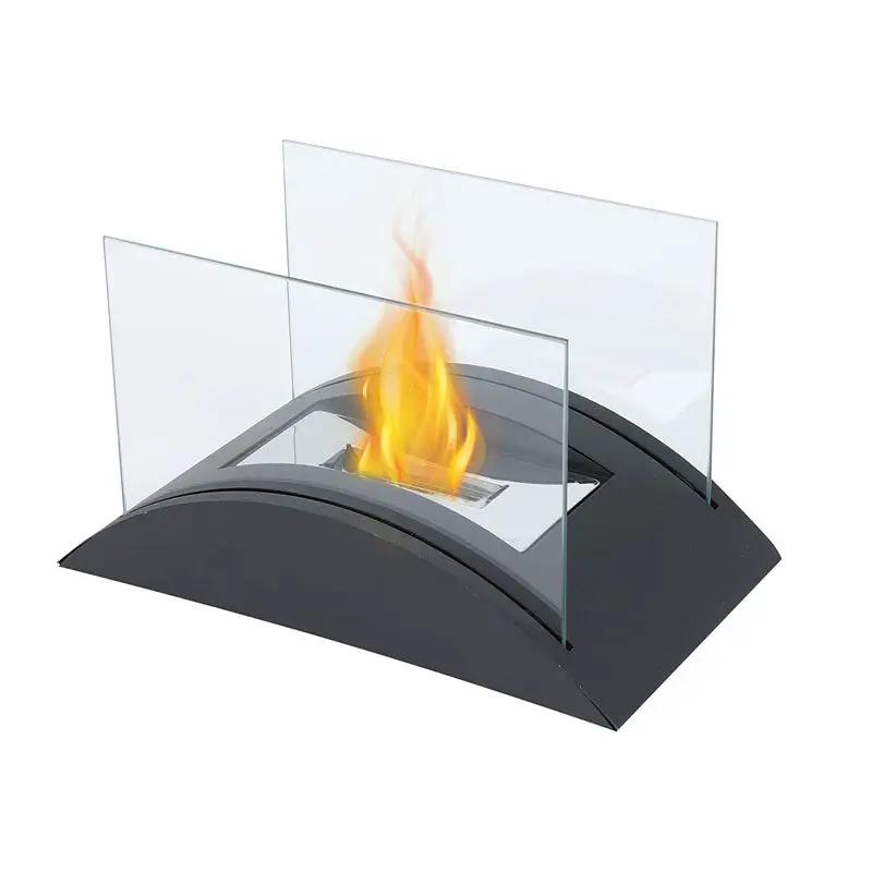 13.5-in rectangular tabletop fireplace by JHY DESIGN, gel & ethanol, with a black curved base and glass guards