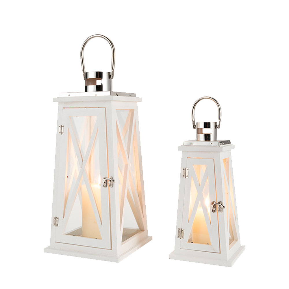 JHY DESIGN set of 2 white metal decorative candle lanterns with glass panels and hanging handles, 15.5in and 22in tall