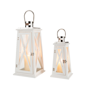 JHY DESIGN set of 2 white metal decorative candle lanterns with glass panels and hanging handles, 15.5in and 22in tall