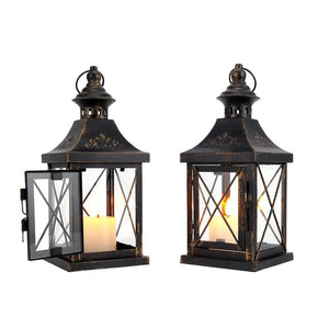 Decorative hanging candle lanterns set of 2, 11-inch high, black distressed metal with glass panels.