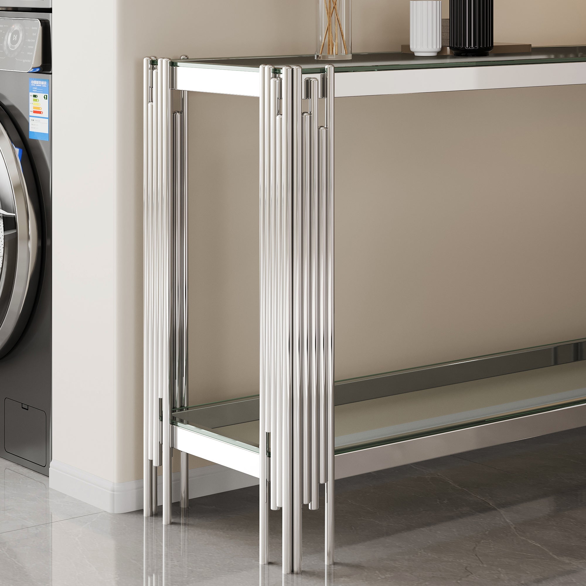 Top and Bottom Double Layer Tempered Glass Console Table and Mirror Finished Stainless Steel Frame