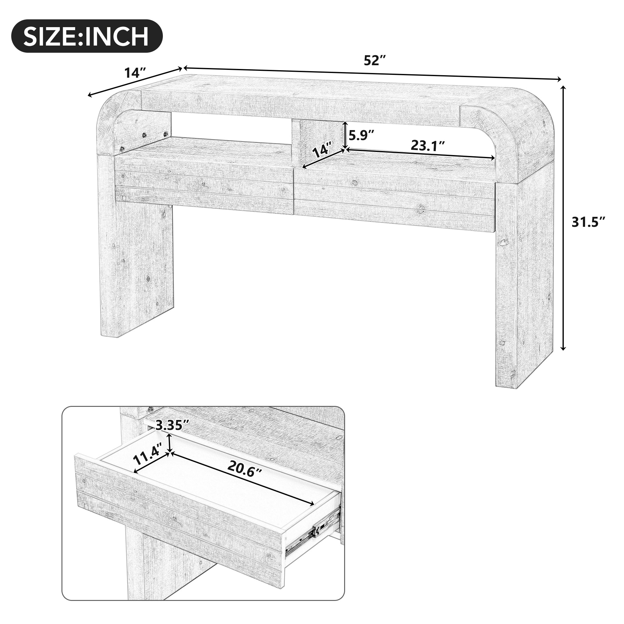 TREXM Console Table Entryway Table, Retro Curved Sofa Table with 2 Large Drawers, Narrow Console Table for Living Room Hallway Entrance, 52''×14''×31.5'', Natural Wood Wash