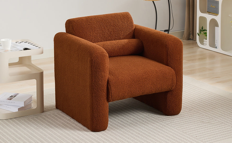 Modern Accent Chair Lambskin Sherpa Fabric Upholstered Comfy Reading Arm Chair Soft Padded Armchair with Back and Pillow for Living Room Bedroom Reception Waiting Room Office,Burnt Orange