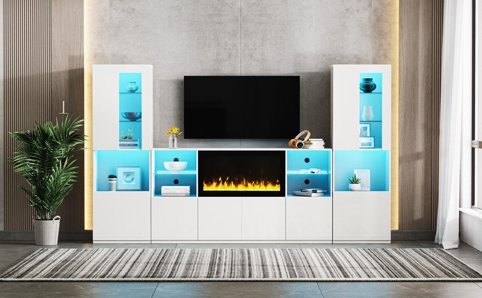 ON-TREND Modern TV Stand with 34.2' Non-heating Electric Fireplace, High Gloss Entertainment Center with LED Lights, Media Console with Tempered Glass Shelves for TVs up to 75', White