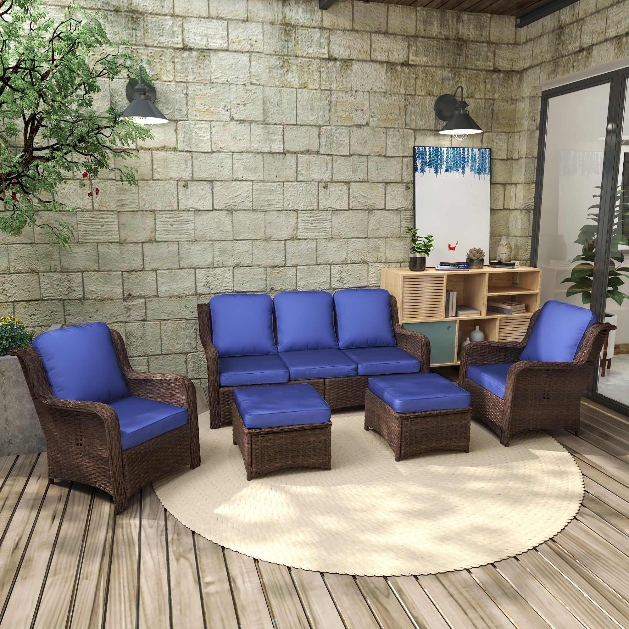 Patio Furniture Set Rattan Outdoor Sectional Conversation Sets 3-Seat Outdoor Couch,2 Single Chair and 2 Ottoman for Lawn, Balcony, Garden, Backyard (Gray-Navy, Set of 5)