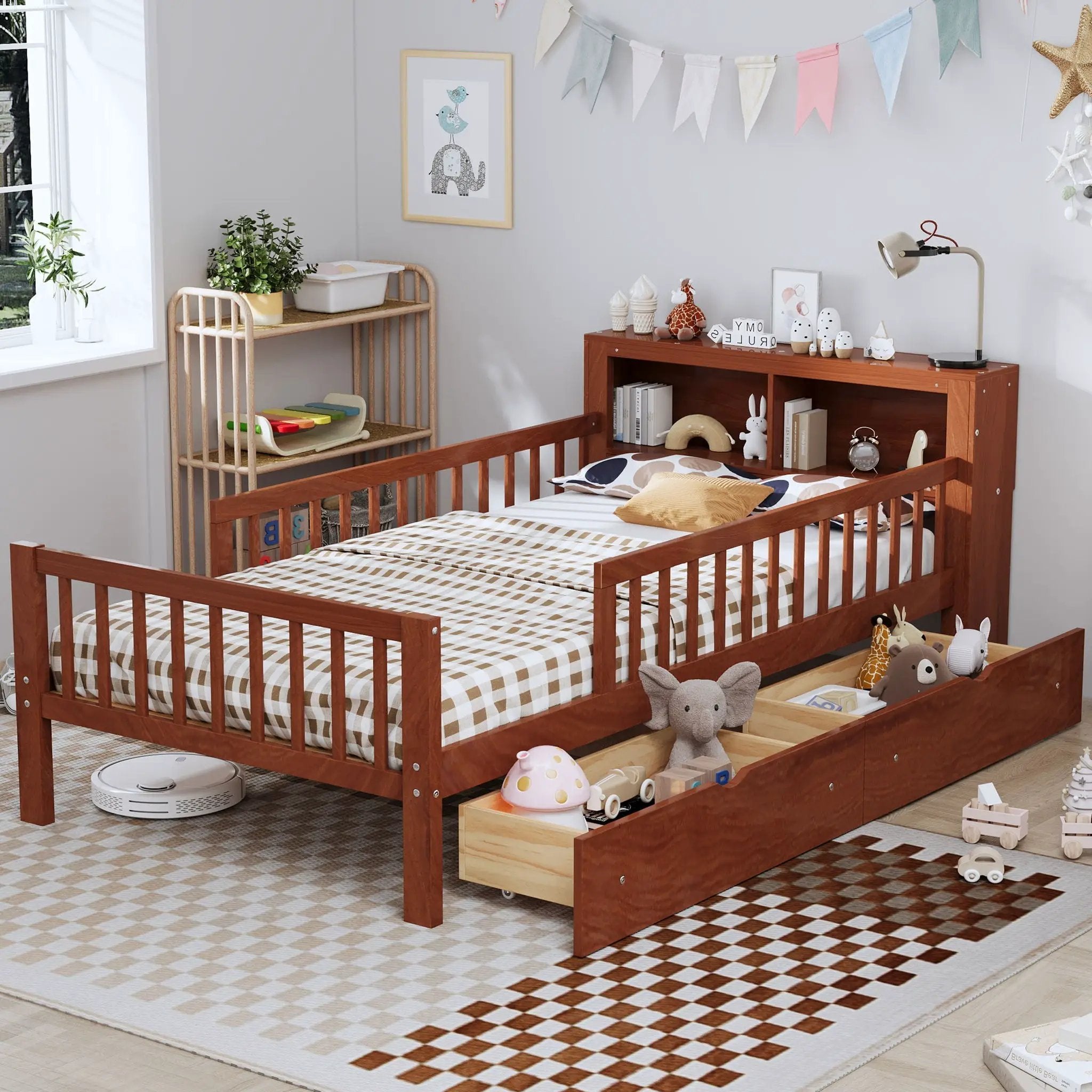 Bed With Headboard Storage Rack, 2 Under Bed Drawers, 3 Side Guardrails For Safety