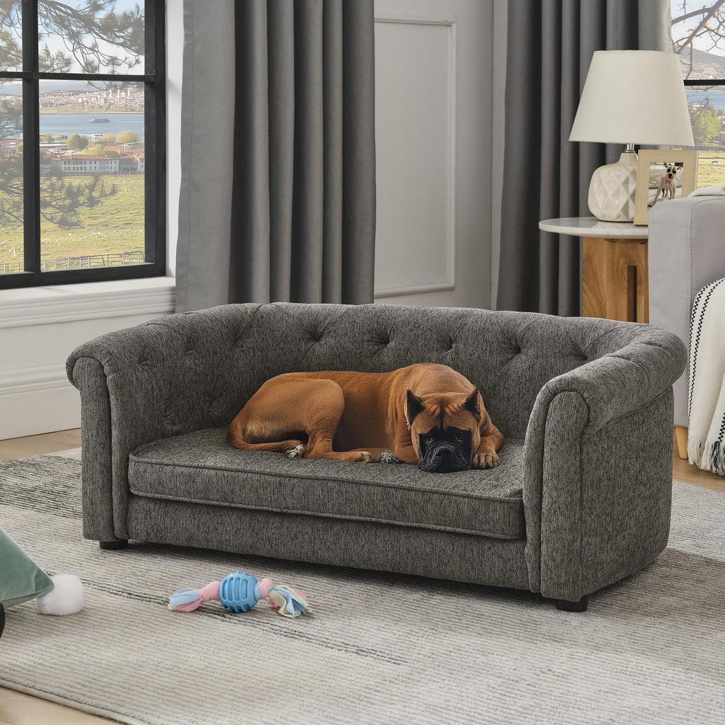 Pet sofa with arc-shaped backrest and armrests, contemporary rectangular pet sofa crafted from breathable linen  cozy soft cushion dog sofa --Dark grey