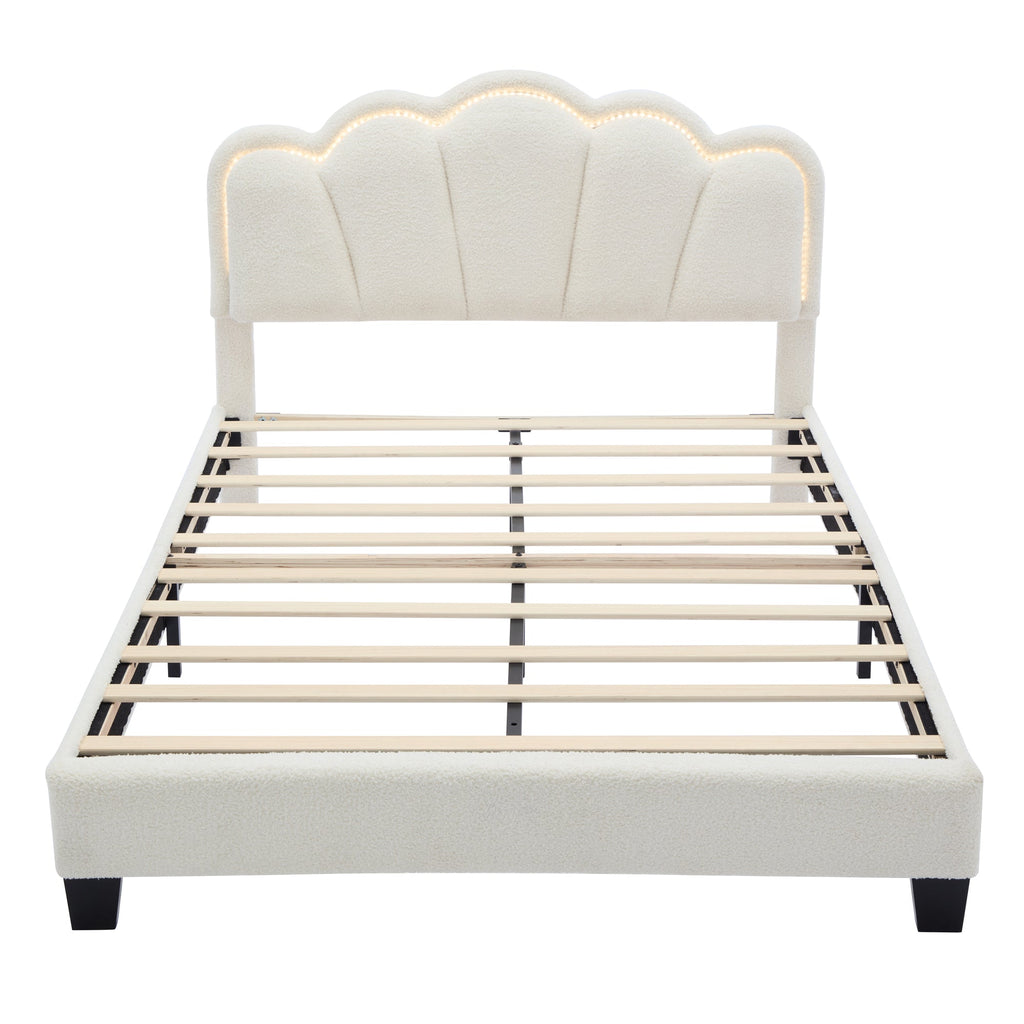 2-Pieces Bedroom Sets Full Size Flower-Shaped Upholstered LED Platform Bed with Storage Ottoman-Sherpa Fabric, White
