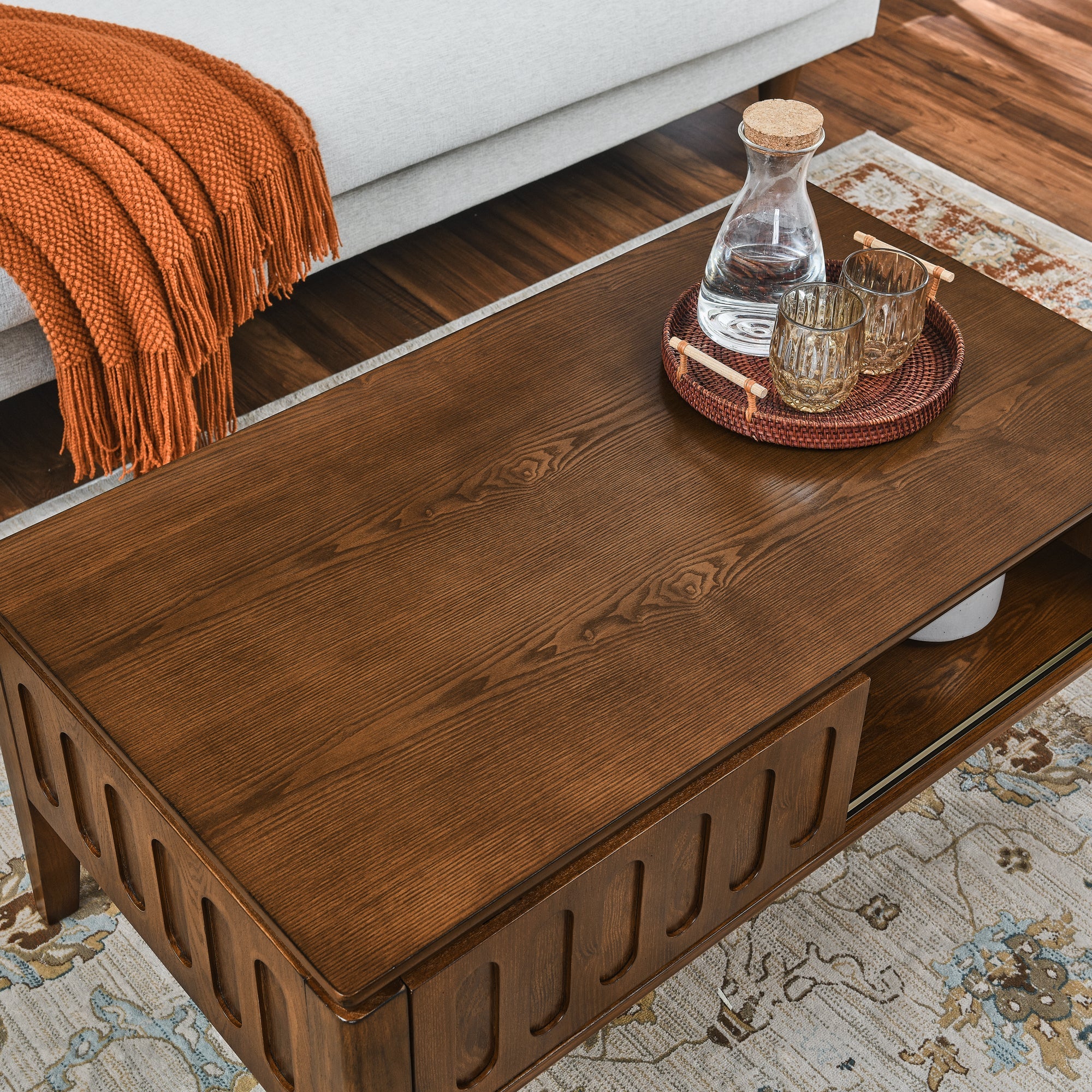 Mid Century Modern Fluted Coffee Table with Storage Sliding Door & Solid Wood Leg, Vintage Farmhouse Wood Center Table for Living Room Apartment Office, Accent Table, TV Stand