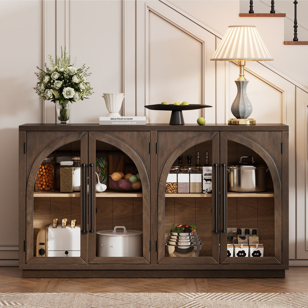 TREXM 4-Door Large Storage Sideboard Buffet Cabinet with Glass Doors, Arched Cabinet with Adjustable Shelves for Kitchen, Dining Room and Living Room (Espresso)