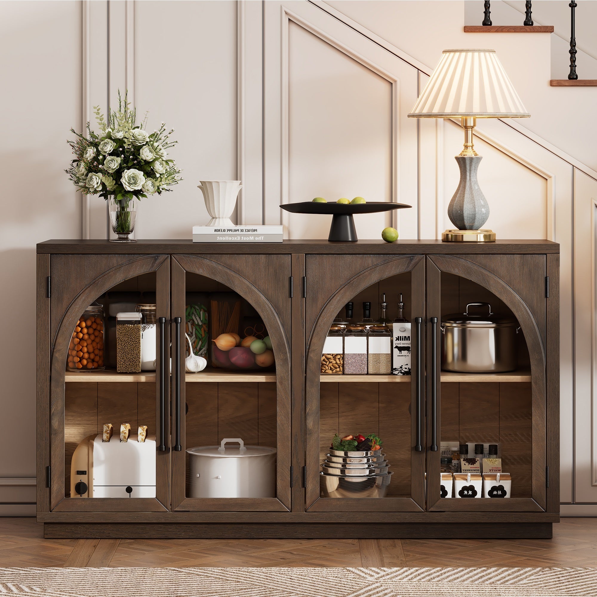 TREXM 4-Door Large Storage Sideboard Buffet Cabinet with Glass Doors, Arched Cabinet with Adjustable Shelves for Kitchen, Dining Room and Living Room (Espresso)