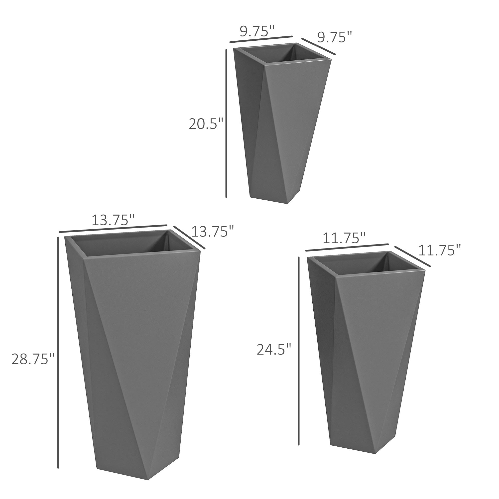 Outsunny Set of 3 Tall Planters, 28.75', 24.5', 20.5', MgO Indoor Outdoor Planters with Drainage Holes, Stackable Flower Pots for Garden, Patio, Balcony, Front Door, Gray