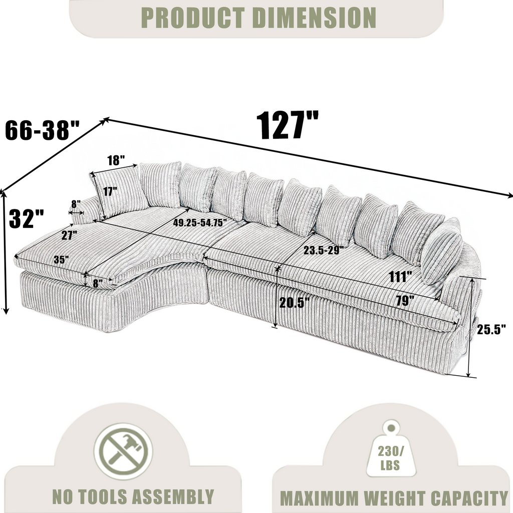 127''  Large Sectional Sofa ,Elegant Curved Design ,High-Resilience Foam ,Ten Back Cushions,L-Shape Left Sofa,No Assembly  Required , (Brown-Soft Corduroy Fabric)