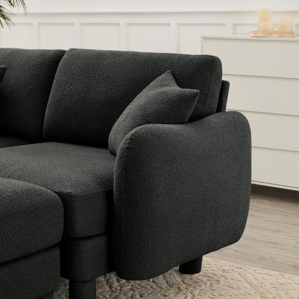 Boucle Fabric U Shape Sectional 4-seater Sofa Couch With Distinctive Shell-shaped Armrests And 2 Movable Ottomans,Cylindrical Legs Wrapped with Self-fabric,Dark Grey  Color