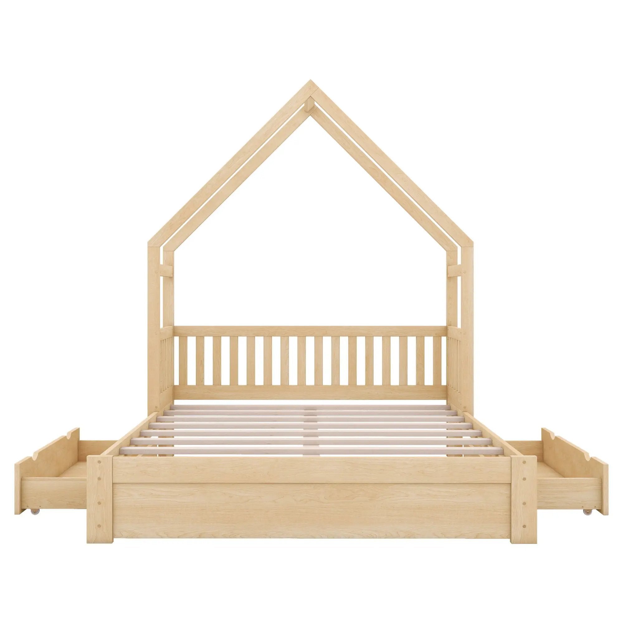 House Style Platform Bed With Guardrail And 2 Drawers