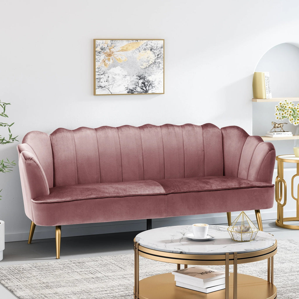 Modern Glam Velvet 3 Seater Sofa with Curvaceous Shell Design in Blush