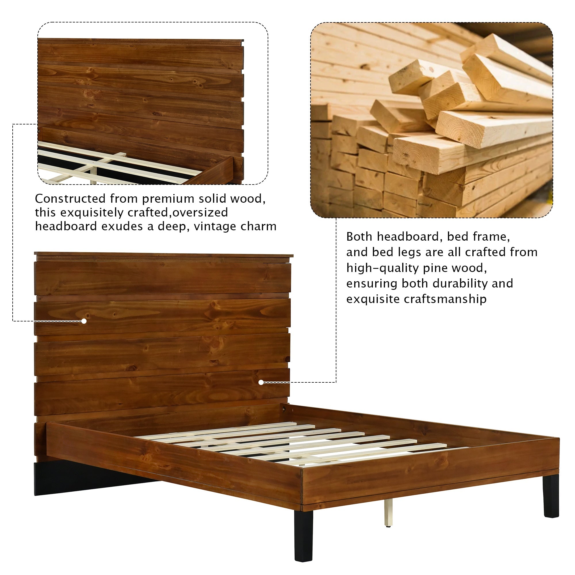 Mid-Century Modern Solid Wood Bed Frame Full Size Platform Bed with Six-Piece Headboard Design, No Box Spring Needed, Brown