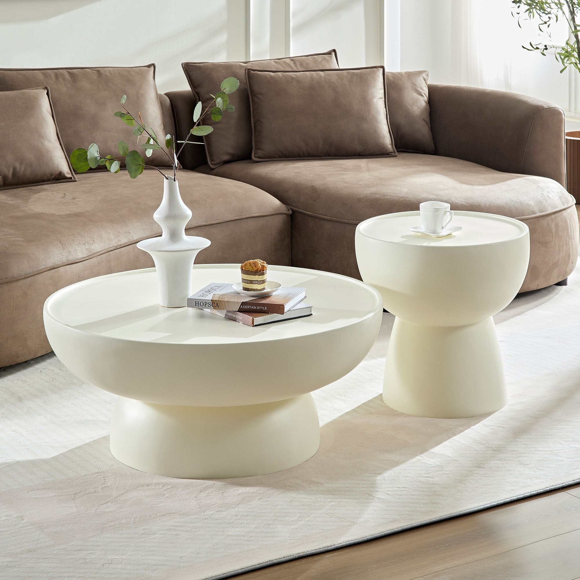 Fiberglass Cream Style Coffee Table Set of 2 for Living Room,Matte White Round Table front of the Sofa, Irregular Center Table for Apartment,No Need Assembly