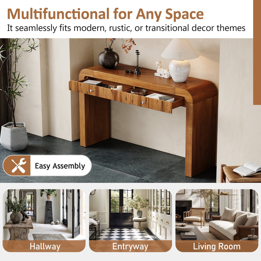 TREXM Rustic Console Table with Fluted Drawer Front, Entryway Table with Curved Corners & Thick Legs, Sturdy Sofa Table for Hallway & Living Room (Brown)