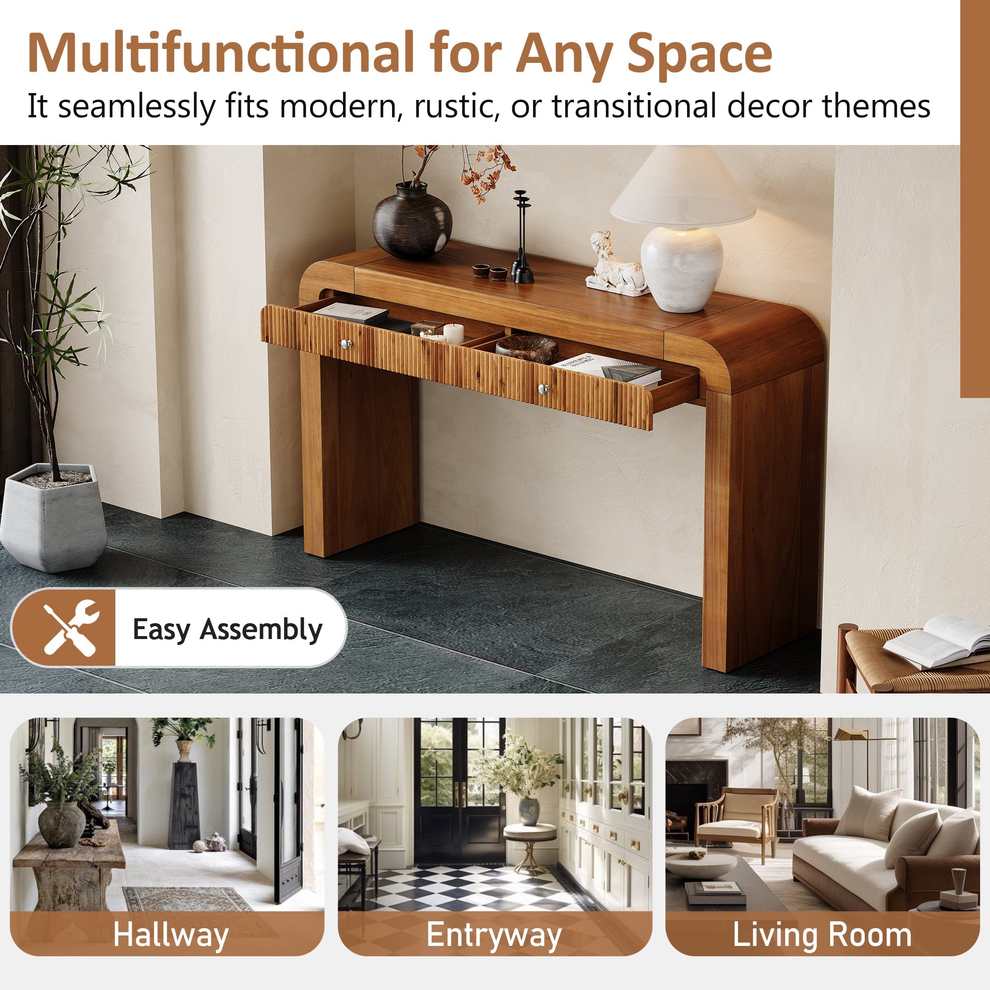 TREXM Rustic Console Table with Fluted Drawer Front, Entryway Table with Curved Corners & Thick Legs, Sturdy Sofa Table for Hallway & Living Room (Brown)