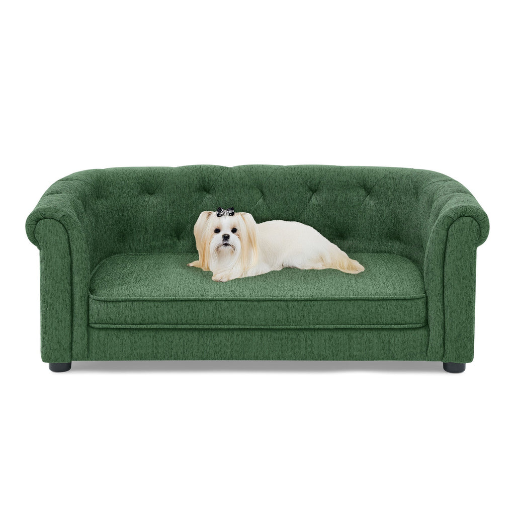 Pet sofa with arc-shaped backrest and armrests, contemporary rectangular pet sofa crafted from breathable linen  cozy soft cushion dog sofa --GREEN