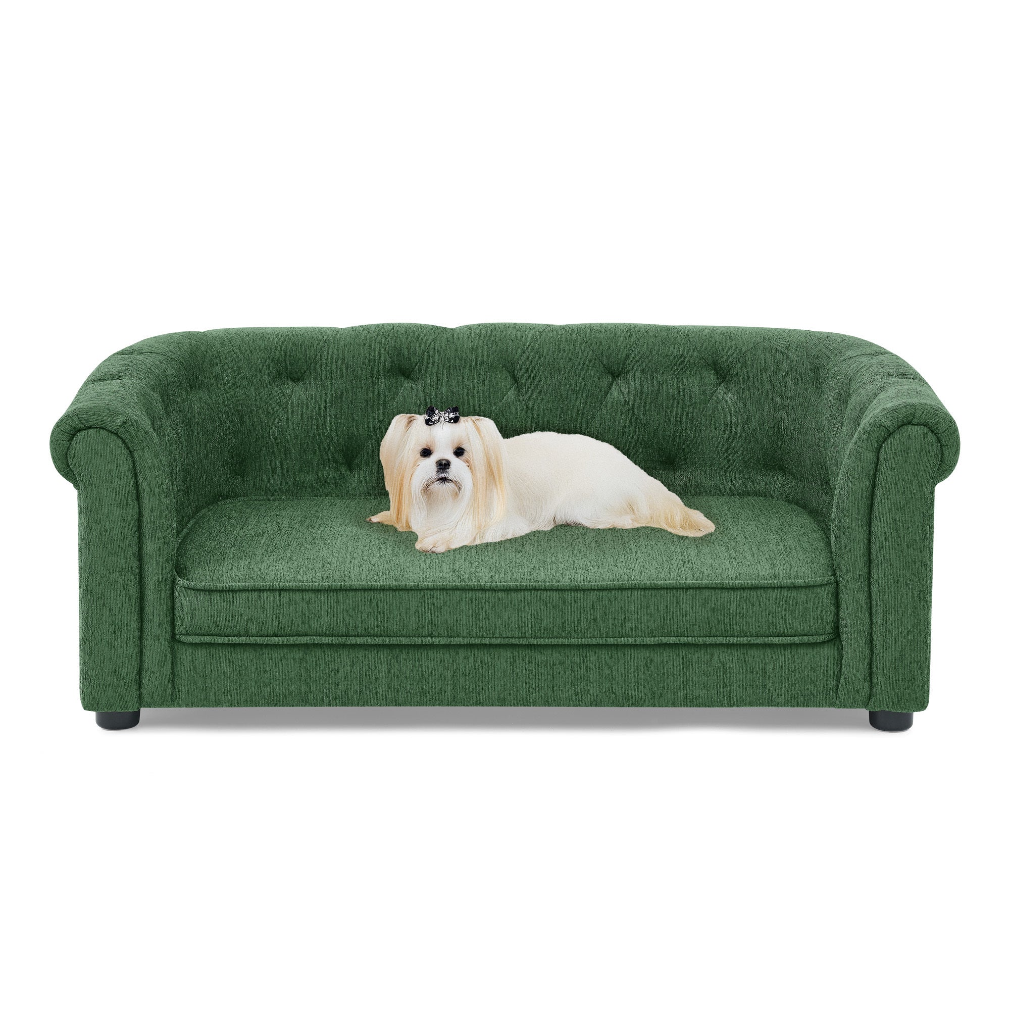 Pet sofa with arc-shaped backrest and armrests, contemporary rectangular pet sofa crafted from breathable linen  cozy soft cushion dog sofa --GREEN