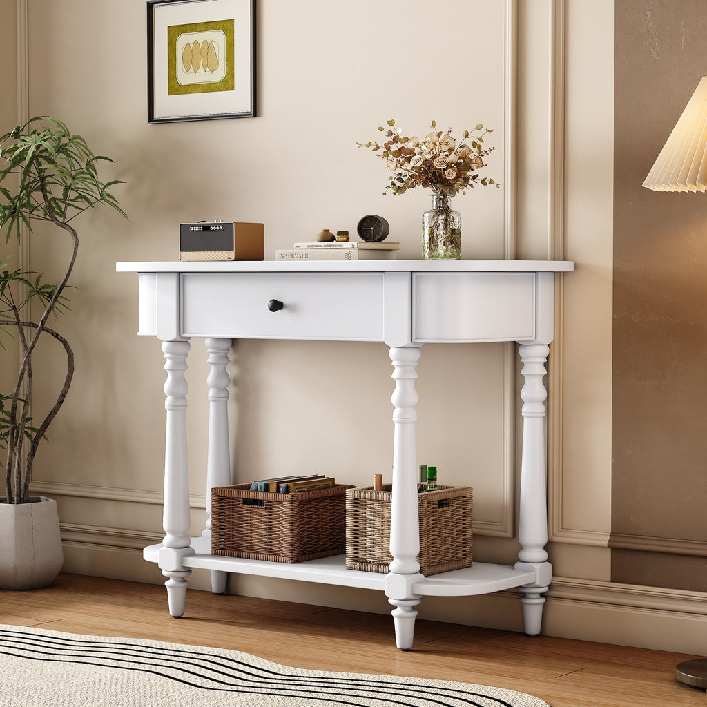 TREXM Narrow Console Table with Curved Corner, Retro Entryway Table with Top Drawer and Open Shelf, Sofa Table Console Tables for Entryway, Hallway and Living Room (White)