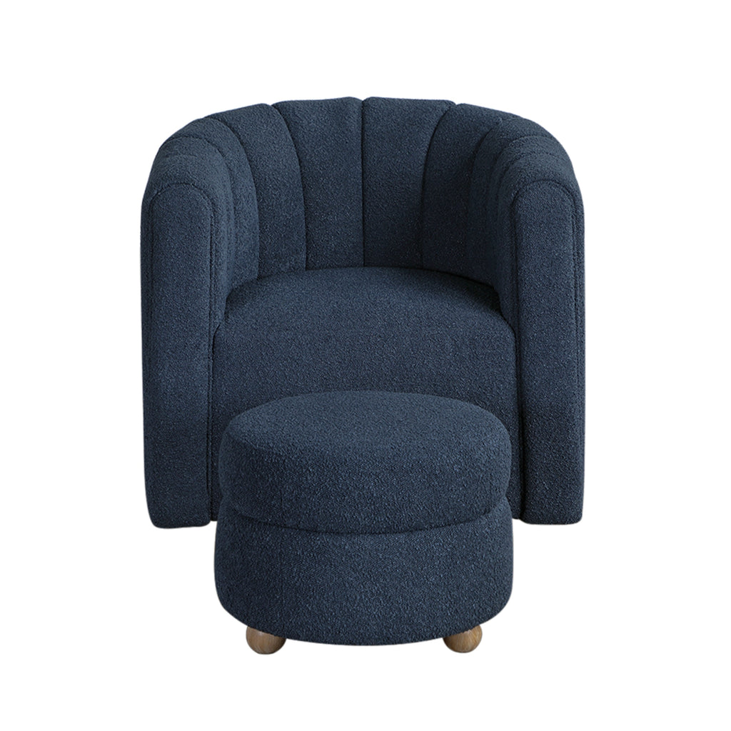 Modern Contemporary Swivel Chair with Ottoman Blue Boucle Fabric Upholstery Solid Wood Living Room Furniture