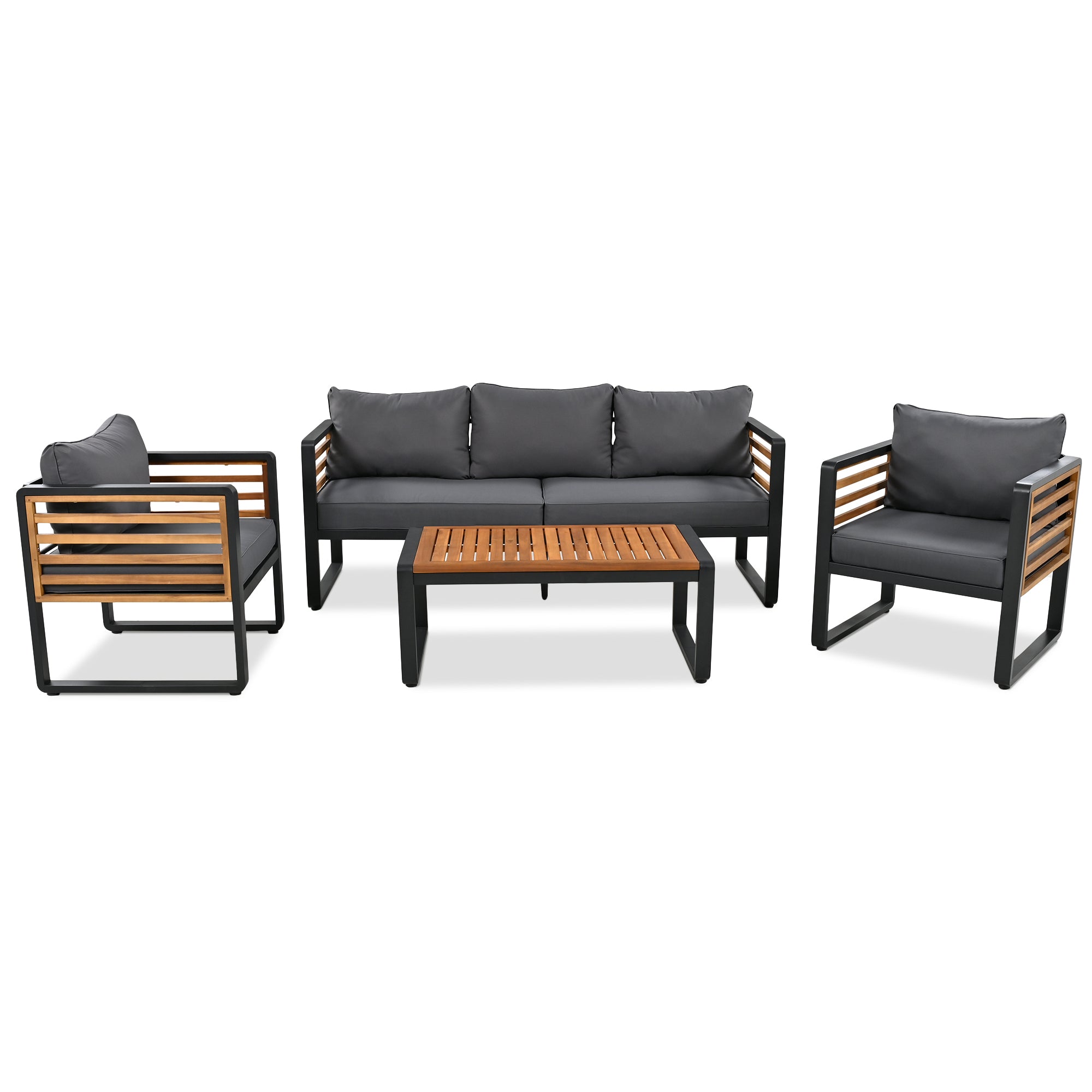 GO Large Size 4-pieces Outdoor Furniture sofa for 5 Person Conversation Set, Garden Sofa Set With Removable Cushion, Metal And Wood Frame Sofa set, Thick Cushions, Acacia Wood Tabletop, Gray