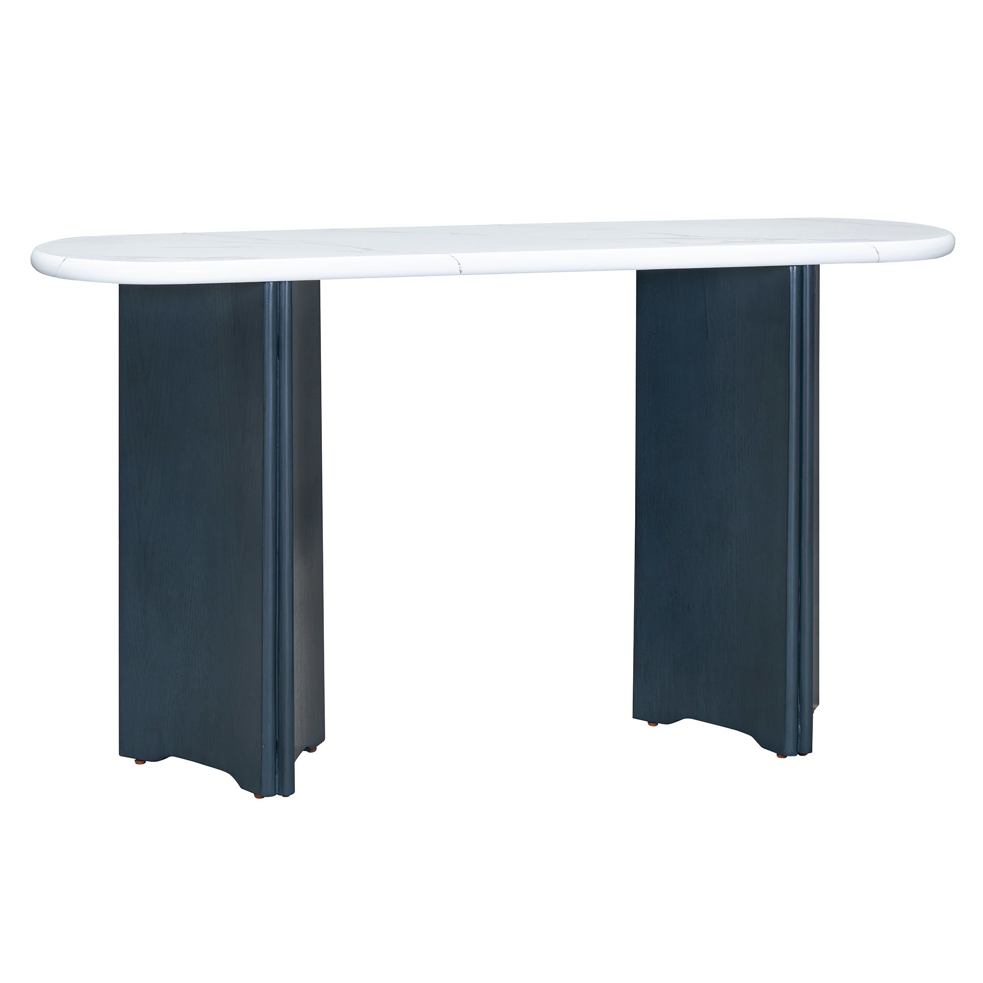 TREXM Narrow Console Table, Entryway Table with Oval Faux Marble Top, Rustic Sofa Table with Curved Legs, Hallway Accent Table for Entrance and Living Room (Navy+White)