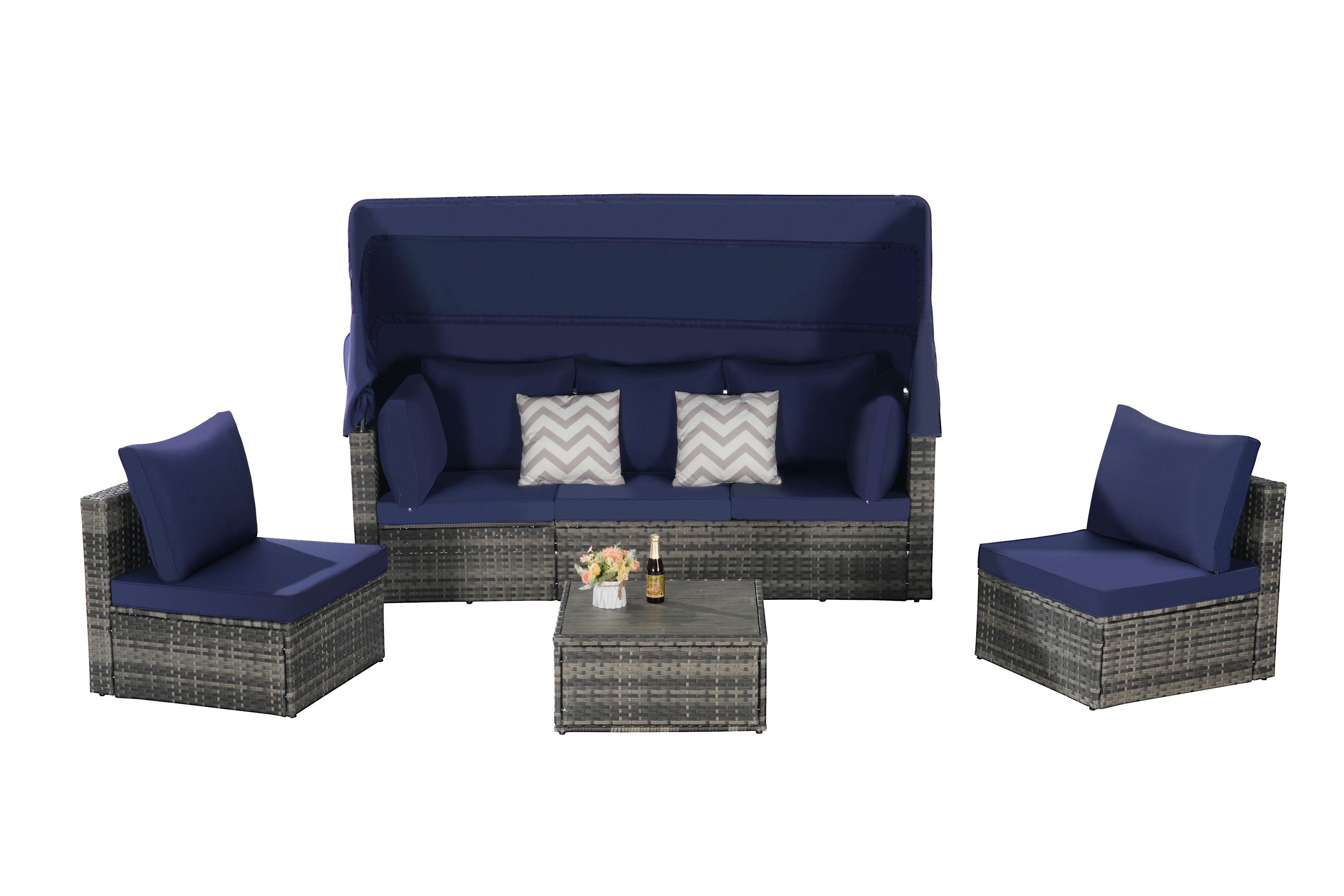 5 Pieces Outdoor Patio Wicker Daybed Furniture Set with Retractable Canopy, Storable Side Table, and Soft Cushions for Relaxing in Your Backyard or Porch