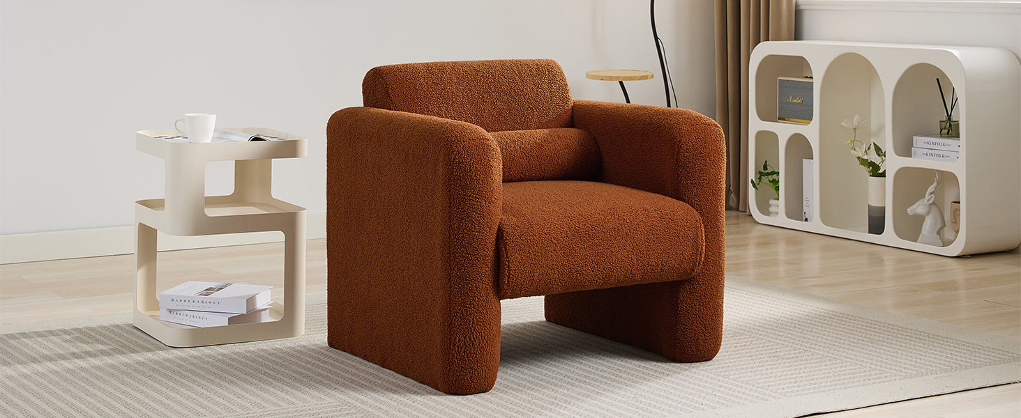 Modern Accent Chair Lambskin Sherpa Fabric Upholstered Comfy Reading Arm Chair Soft Padded Armchair with Back and Pillow for Living Room Bedroom Reception Waiting Room Office,Burnt Orange