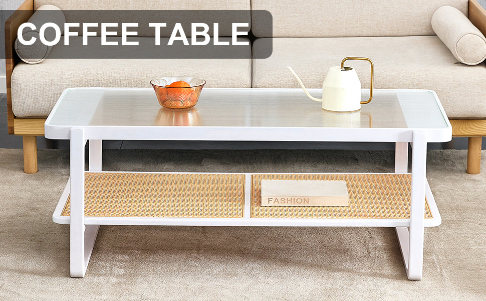 Modern minimalist white double layered solid wood coffee table. Glass tabletop, imitation rattan  edge table. Rectangular table suitable for living room, dining room, and bedroom