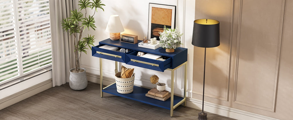 TREXM Entryway Table, Console Table with Two Drawers, Retro Hallway Table with Striking Geometric Design for Entryway and Living Room (Navy)