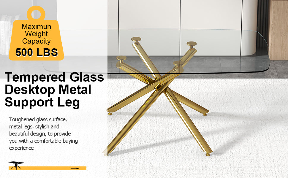 Large Modern Minimalist Rectangular Glass Dining Table with 0.39' Tempered Glass Top and Gilded Metal Legs for Kitchen, Dining Room, Living Room, Meeting Room, Ballroom 71' x 35.4' x 30'.