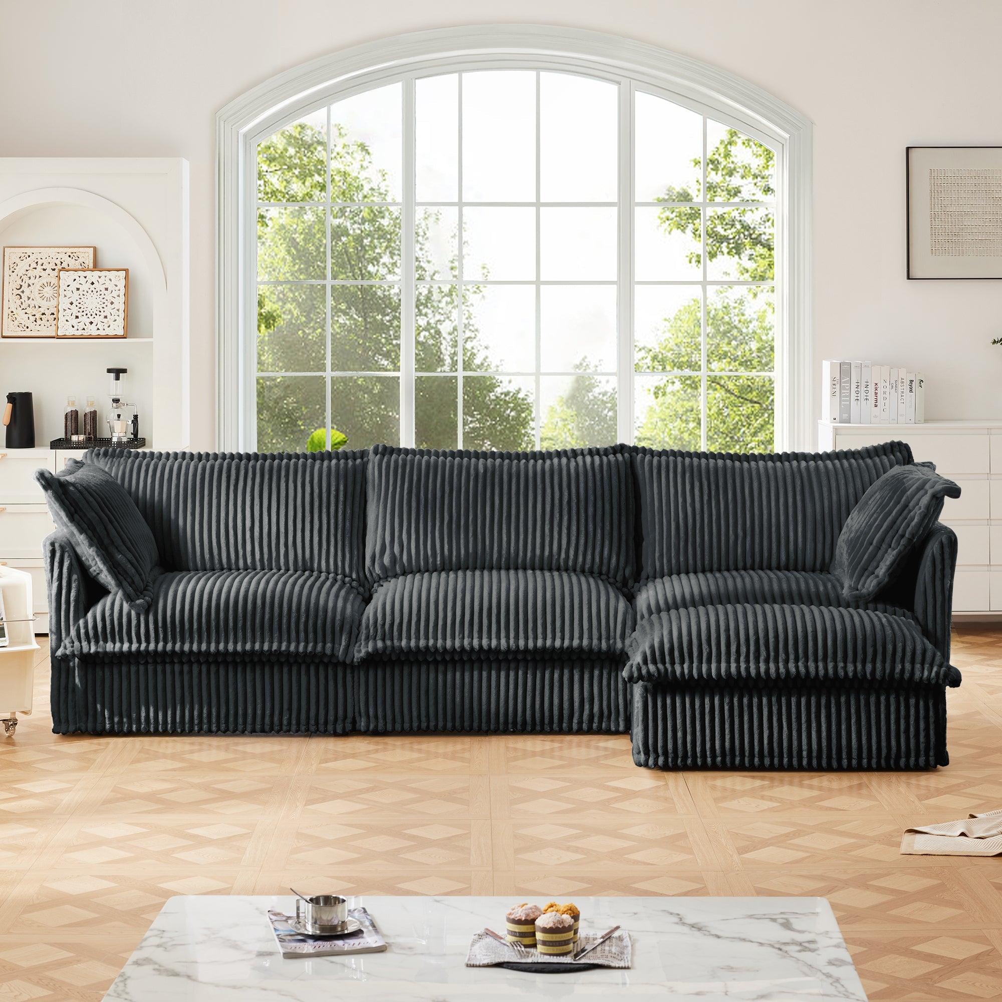 L-Shaped Slipcovered Sectional Sofa Couch, Comfy Deep Seat Cloud Couch with Convertible Ottoman & 2 Big Pillows, Modern Oversized 3 Seater Slipcovered Sofa Set for Living Room Office,Gray Corduroy