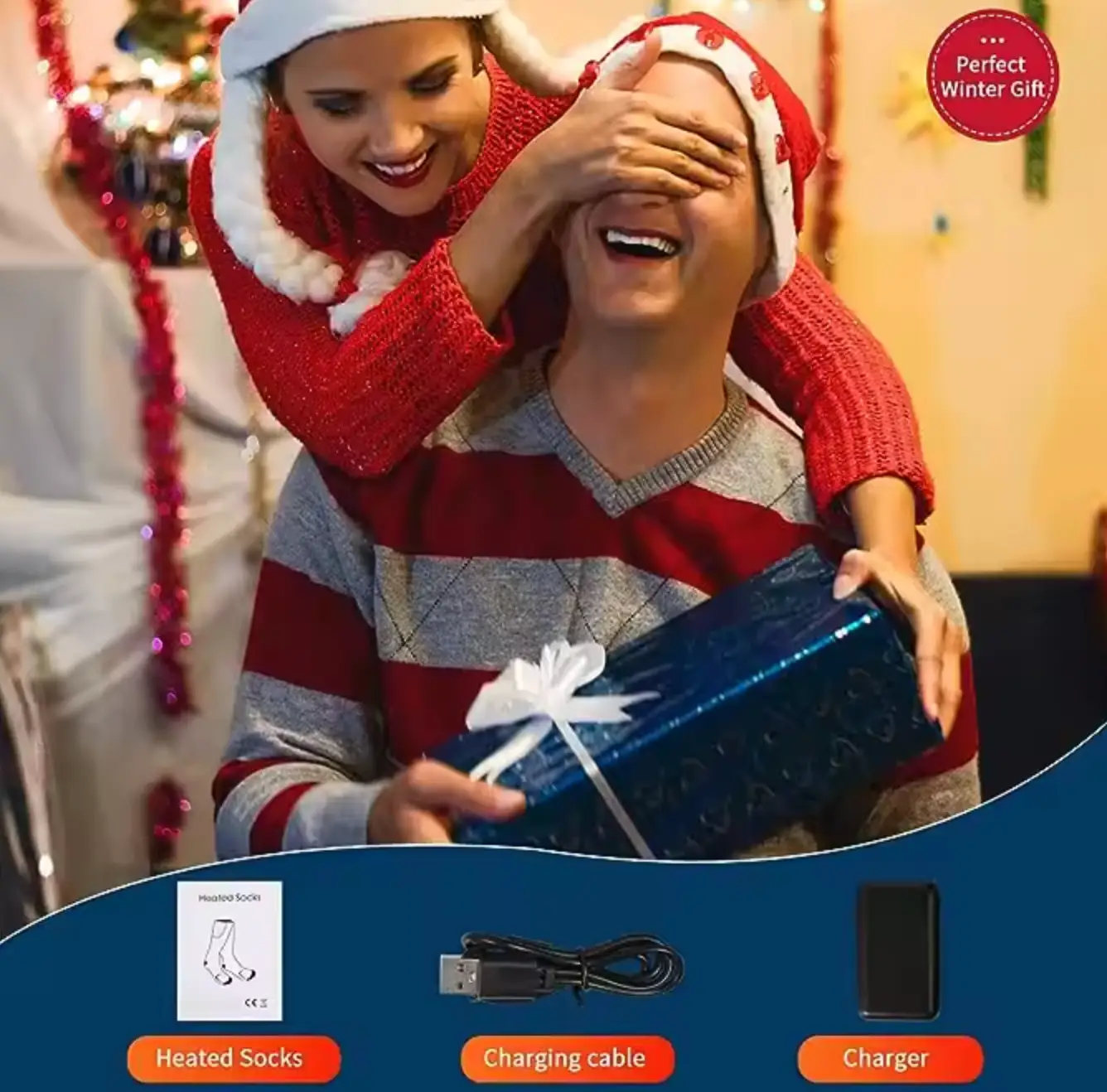 Heated socks by SmartTherm OutdoorLiteGear Inc. in a festive scene with a blue gift box and charging accessories