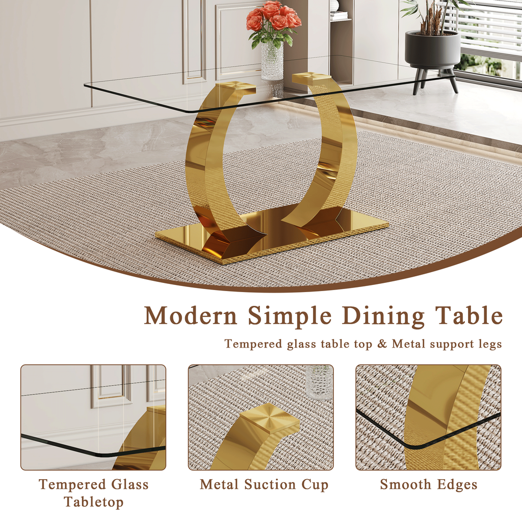 63 x 35.4 x 30-inch Transparent Glass Dining Table - A Perfect Blend of Durability and Elegance.Transparent Tempered Glass Tabletop,Golden stainless steel metal table legs.