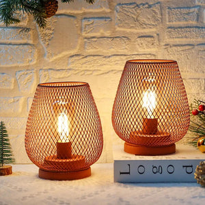 Cordless table lamps set of 2: 6.7in tall copper-toned metal cage lamps with exposed bulbs.